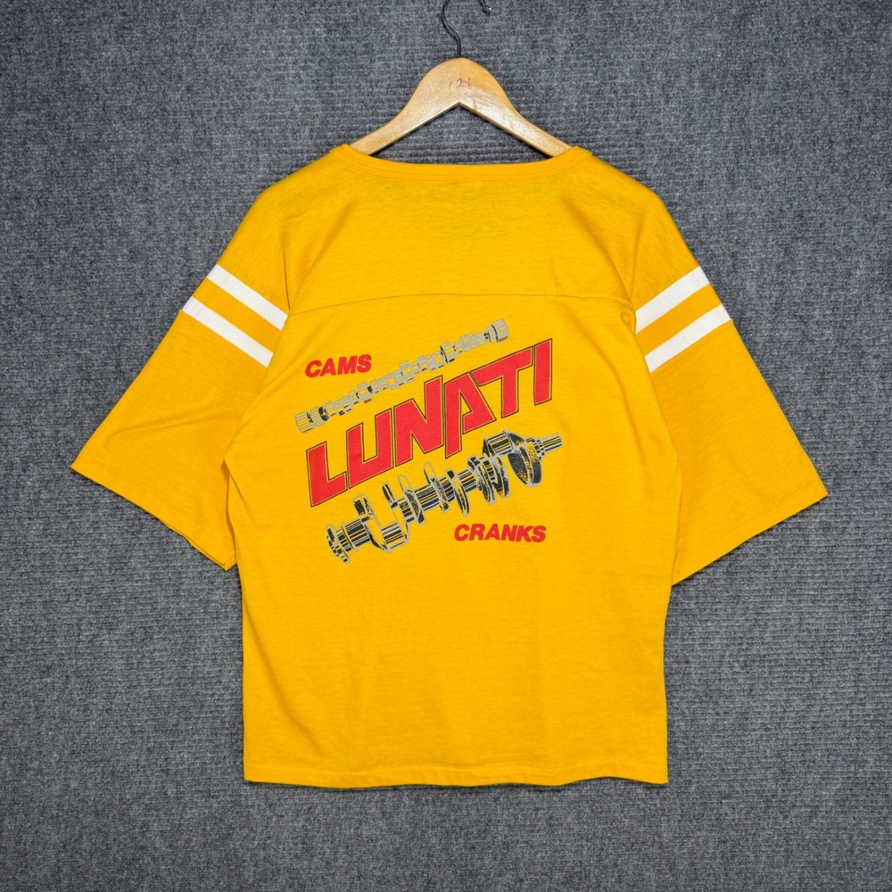 Vintage 1985 NHRA US Nationals Shirt Mens XL Yellow Lunati Cams V-Neck Varsity